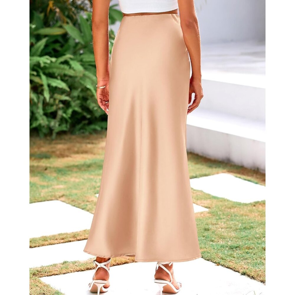 Women's Champagne Spring Silk Casual Waisted Cocktail Guest Mermaid Maxi Skirt - Picture 3 of 6